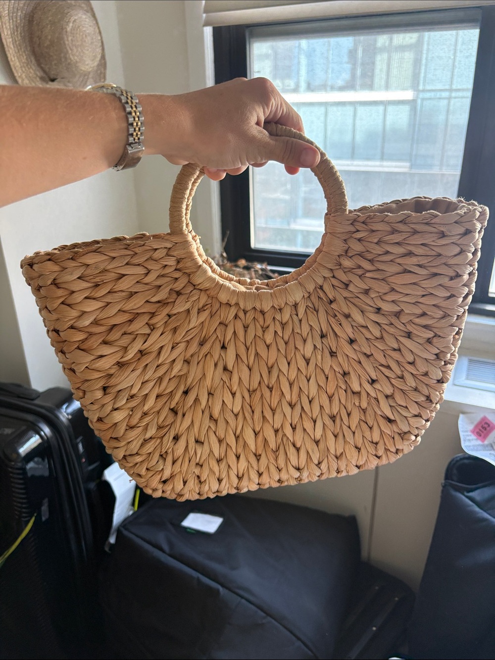 Woven Round-Handle Straw Tote Bag - Natural - Picture 2 of 3